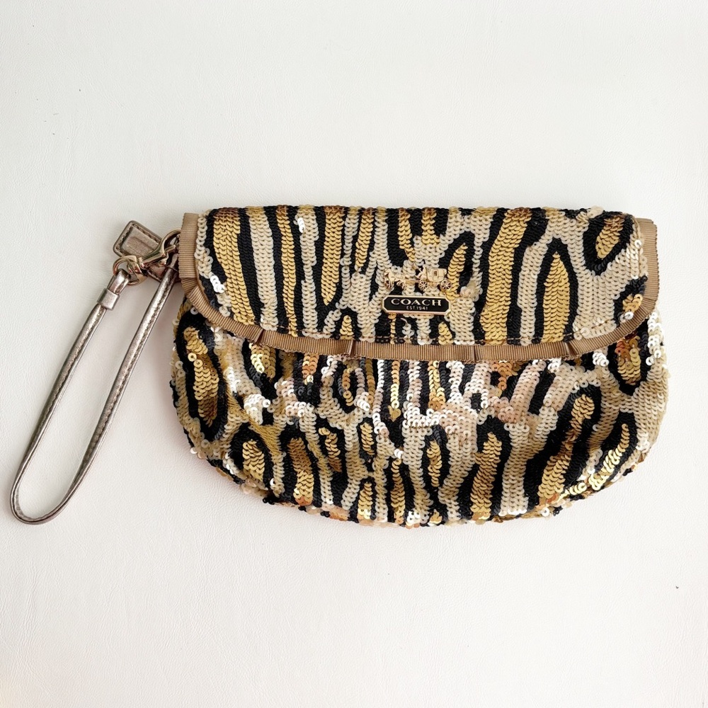 Coach Amanda Limited Ed Gold  Black Leopard Animal Print Sequin Wristlet Clutch